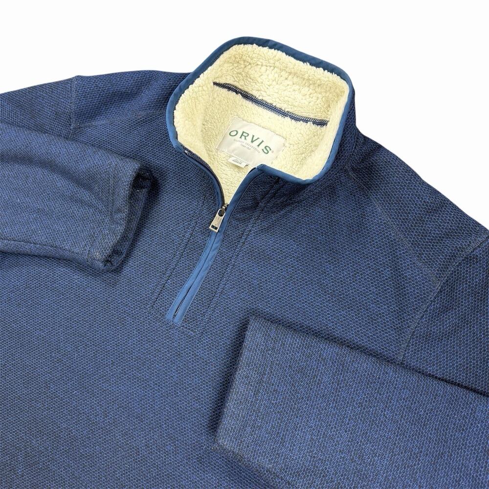 Orvis Fleece Jacket Mens XL Pullover Quarter Zip Blue Sherpa Lined Casual EUC